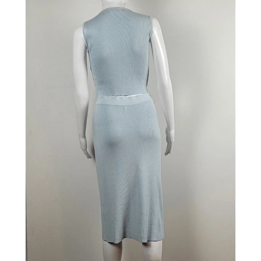 JustFab Ribbed Knit Skirt Set Womens Light Blue Excellent Wrap Crop Top - Large